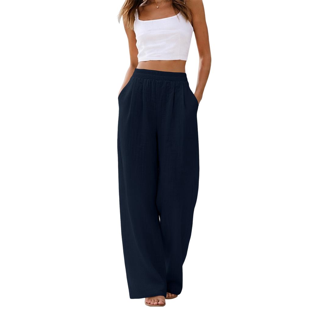 Women's Linen Wide Leg Pants Elastic Waist Summer Beach Vacation Lightweight Loose Fit Long Trousers Casual Comfortable