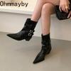 Pointed Toe Thick Heel Woman Pipe Ankle Boot Fashion Ladies Belt Buckle Slim Short Booties Autumn Winter Women