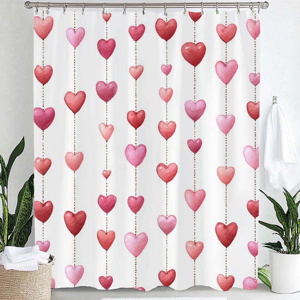 1Pc Romantic Pink Love Print Waterproof Shower Partition Privacy Hanging Curtain With 12 Hooks Multiple Size Machine Washable