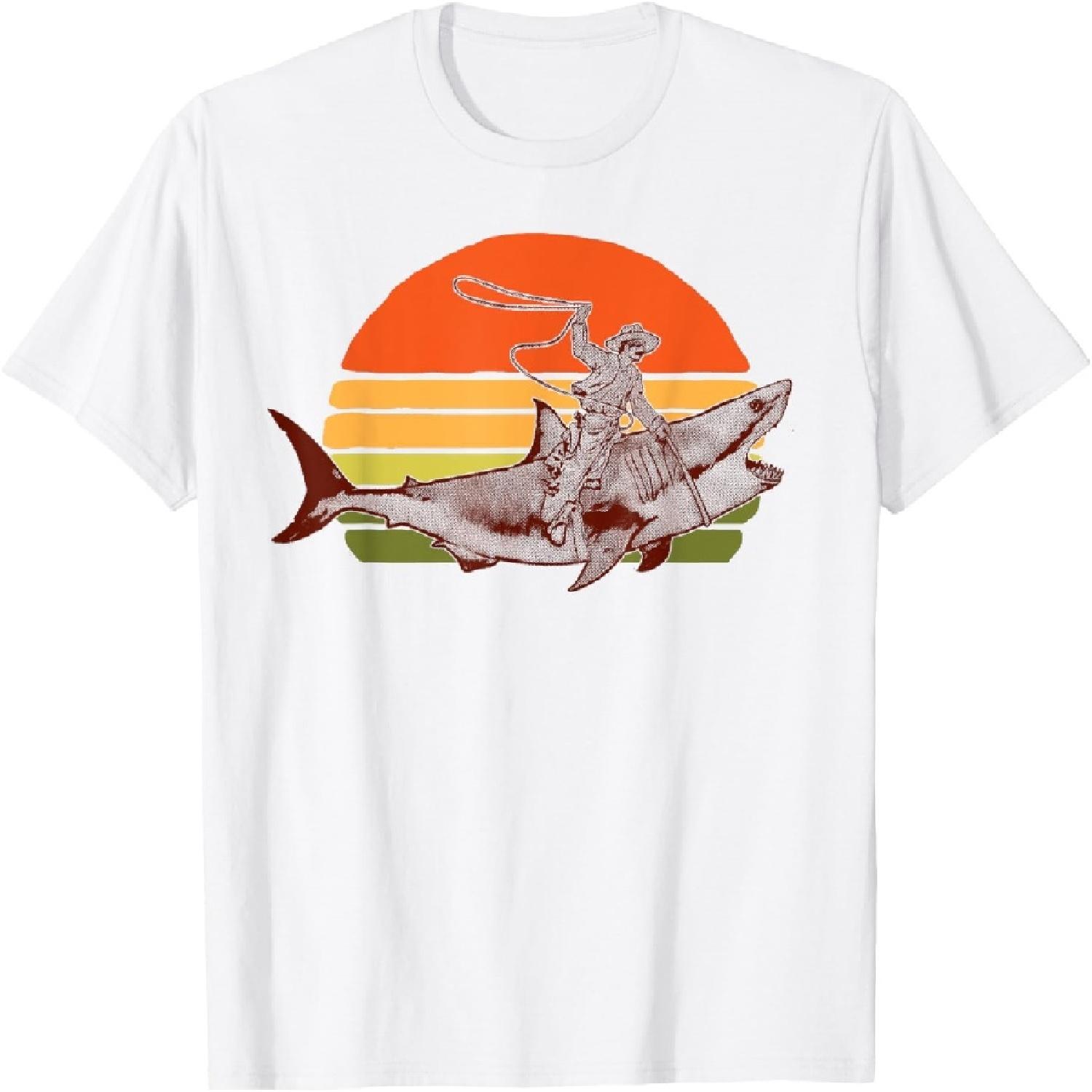 Shark Lover Rodeo Cowboy Riding Great White Vintage Funny T-Shirt XXXXXL белый