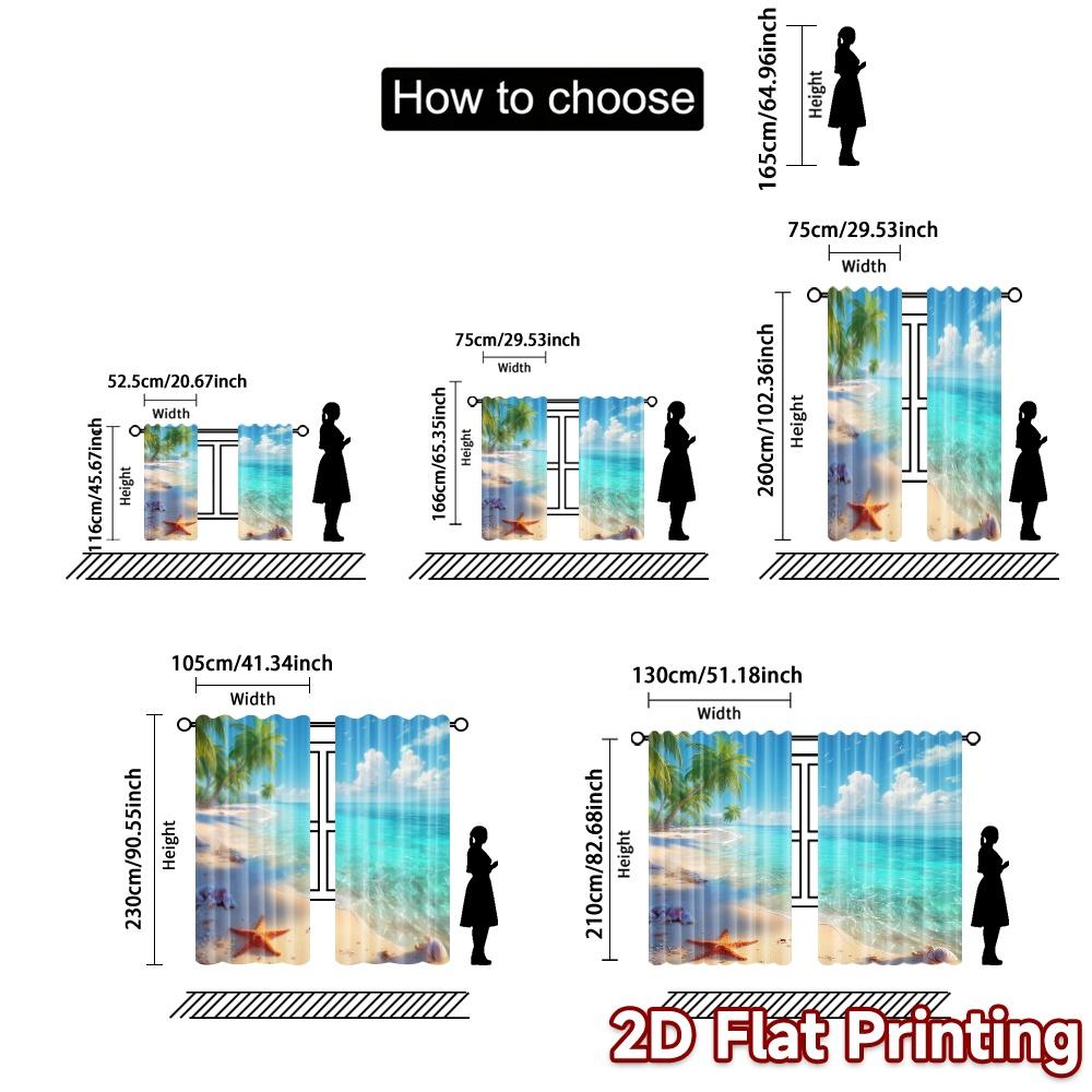 2pcs, 2D FLAT PRINTING Curtains (Without Rod) Seaside Bliss Pattern Popular Curtains Versatile Fabric Curtains Room Decor