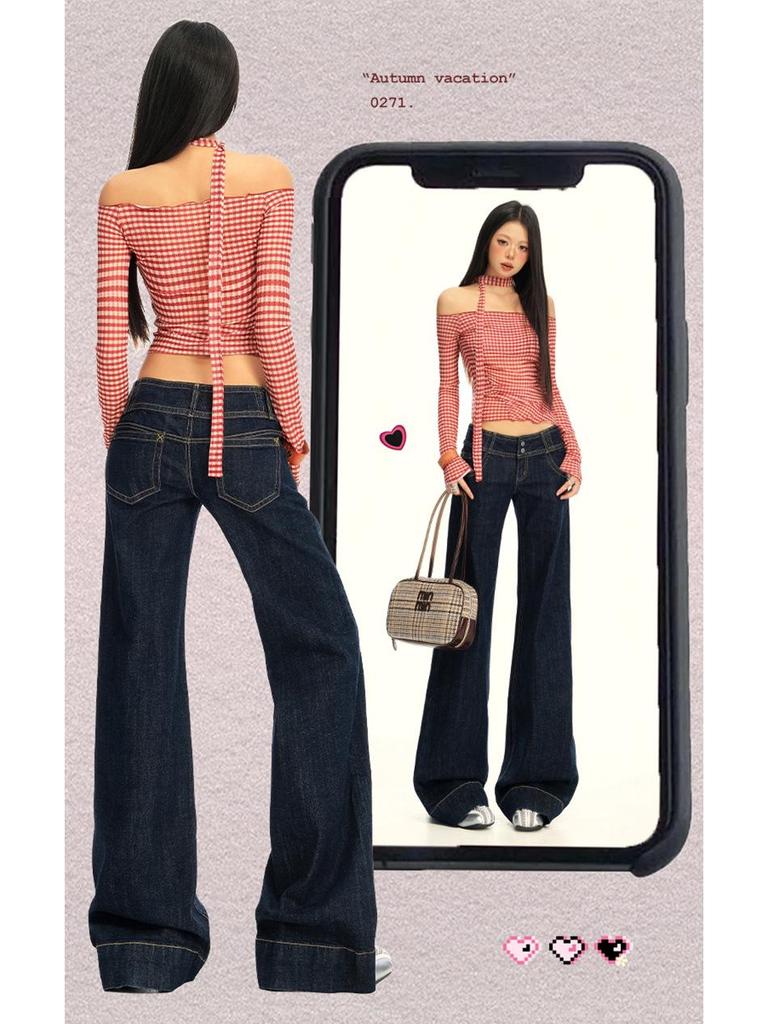 25. OOTD: Americké Retro Tmavě Modré Micro-Flare Volné Zeštíhlující Dlouhé Džíny