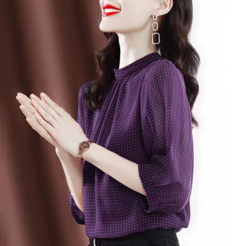 Loose Pullovers Solid Autumn Winter Thin Three Quarter Sleeve Dot Pattern Chiffon Temperament Elegant Sexy Women's Clothing 2022