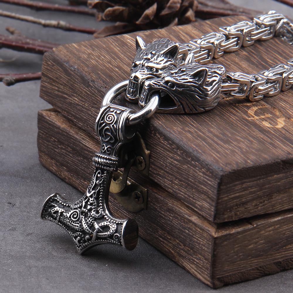 Stainless Steel Wolf Head Norse Viking Amulet Necklace Never Fade Men Thor Hammer Pendant Viking King Chain