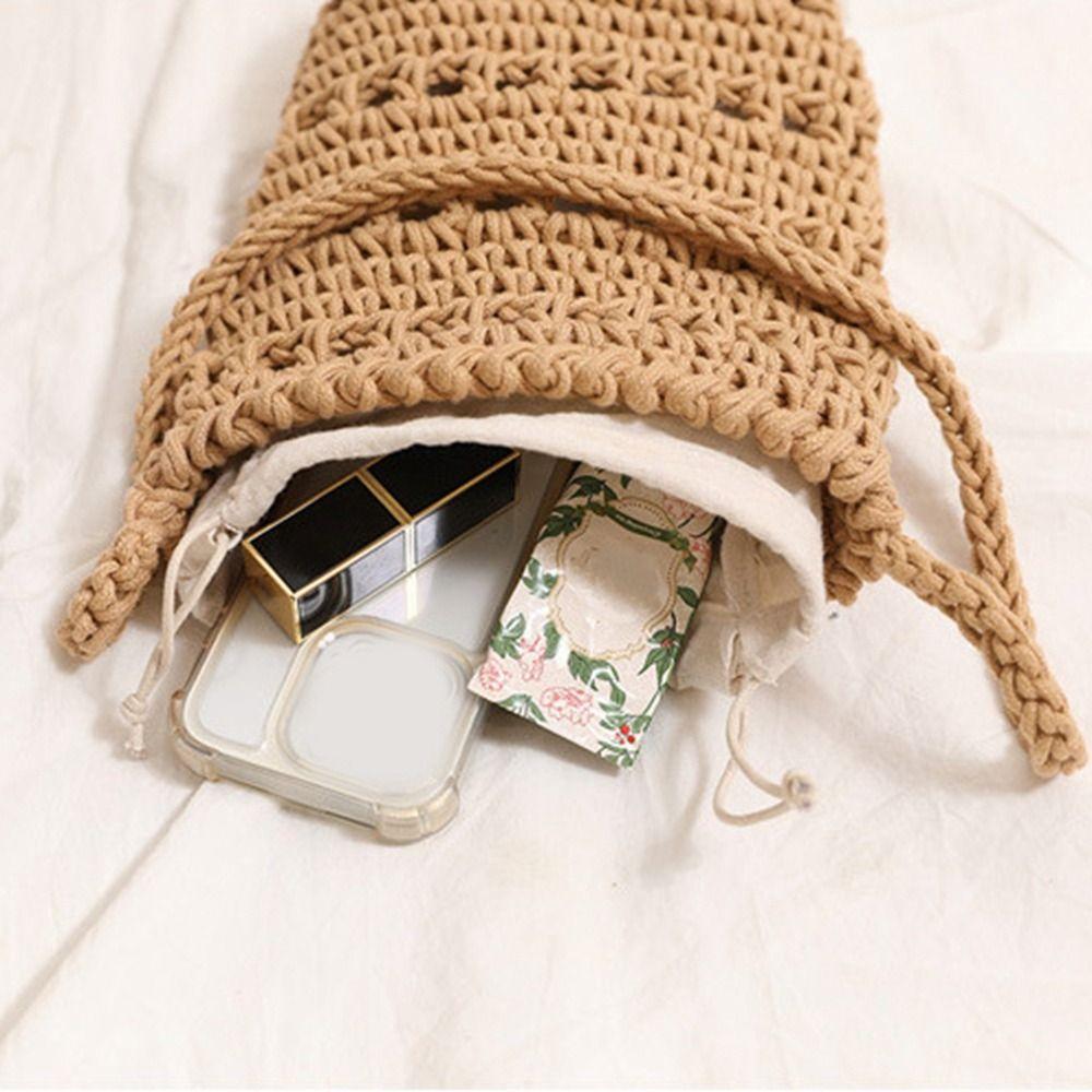 Cute Korean Style Hollow Out Knitted Weave Bag Braided Solid Color Knitted Shoulder Bag Handbag Vacation Style Beach Bag Daily