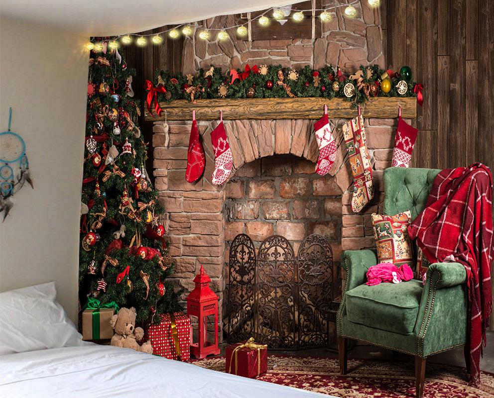 Veselé Vianoce Vianočný stromček dekorácia krb vzor tlače gobelín domov obývačka spálňa dekorácia závesný gobelín