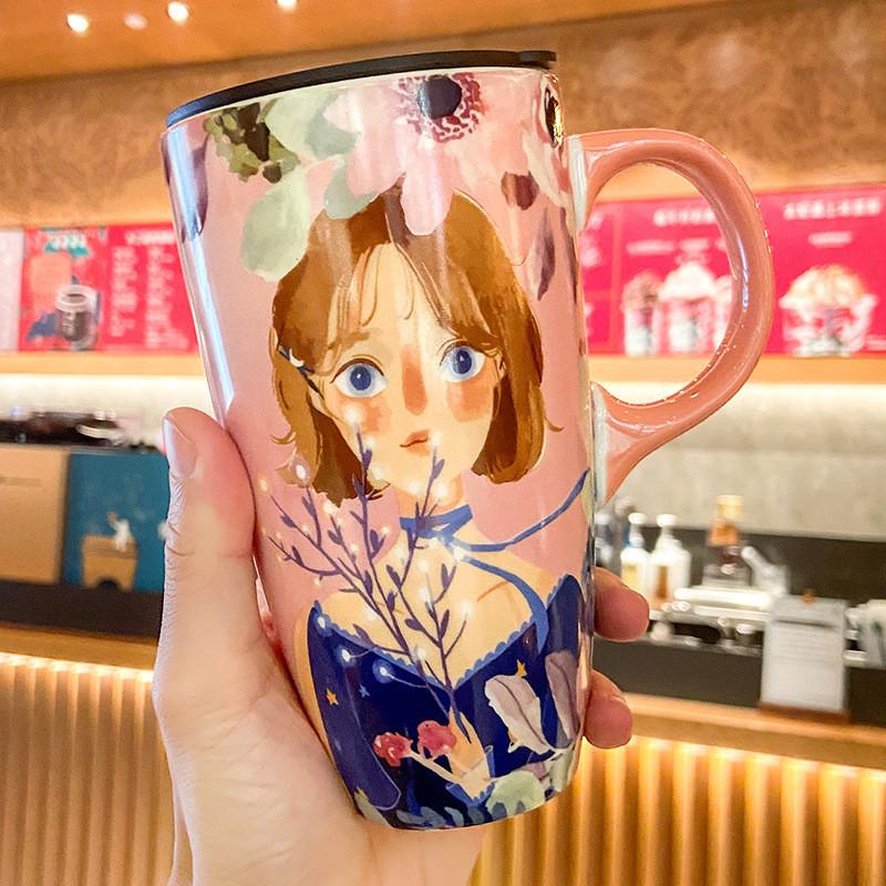 600ML Japanese Style Large Drinking Cup With Lid Small Fresh Ceramic Breakfast Mug for Girl Birthday Gift