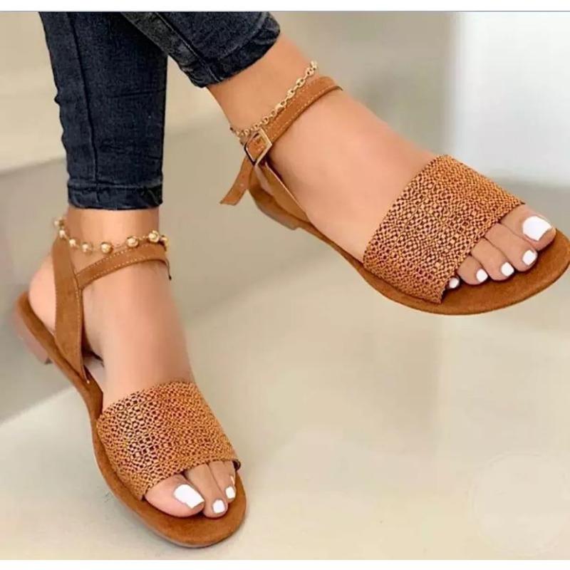 Summer new flat-bottomed beach one-word sandals-4 large size buckle casual sandals women's nals