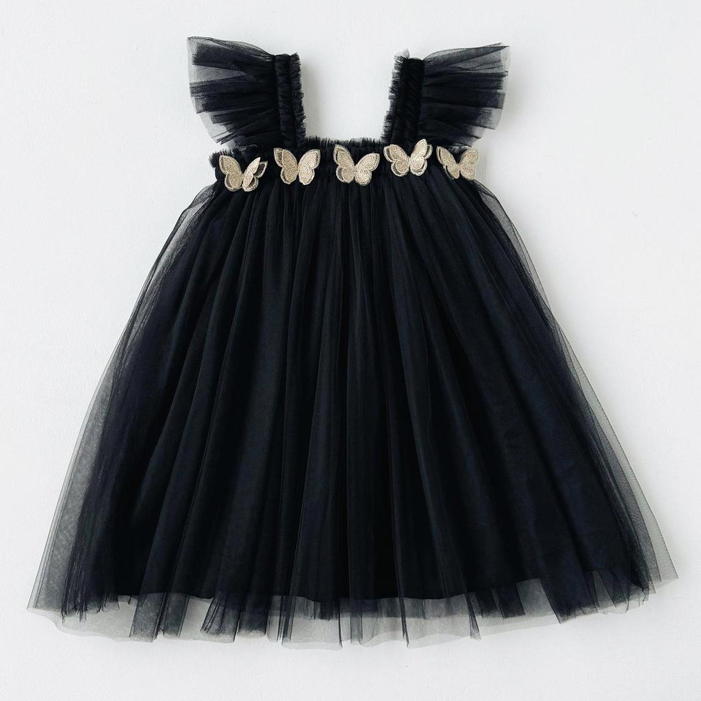 Double-Layer Butterfly Mesh Sweet Girl Strapless Fly-Sleeve Summer Puffy Princess Dress