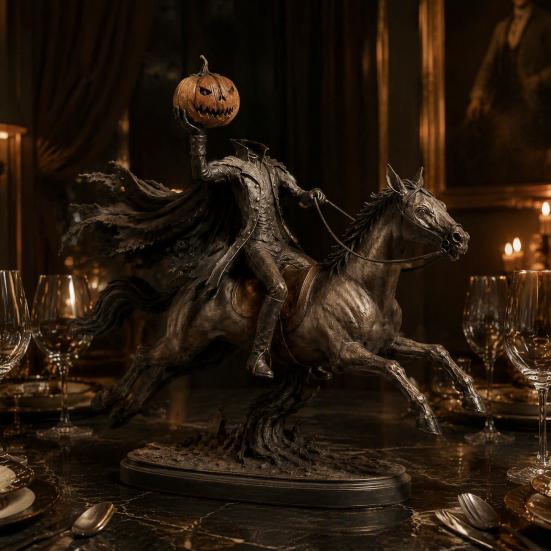 Estatua del Jinete sin Cabeza de Halloween con Luz de Calabaza LED, Decoración de Fantasma Iluminada de Resina, Figura de Caballero, Escultura de Terror para Decoración de Mesa del Hogar