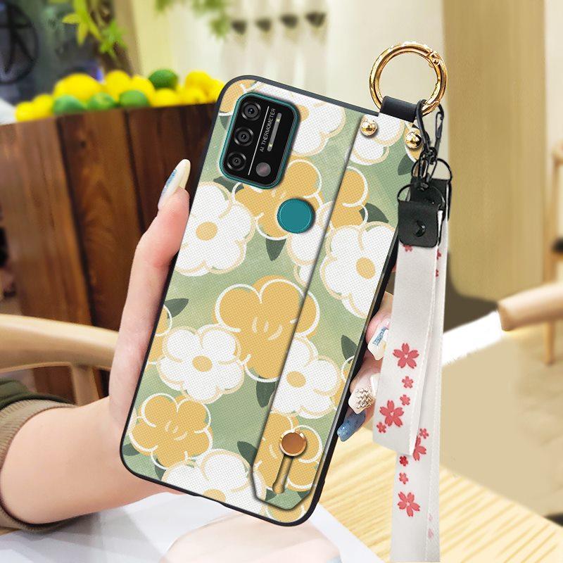 Silicone Waterproof Phone Case For UMIDIGI A9 Protective Oil Painting Flower Wrist Strap Kickstand Dirt-resistant Ring