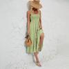 Halter Women Solid Color Summer Sleeveless Dress Knee Length Elegant Casual Pleated Square Neck