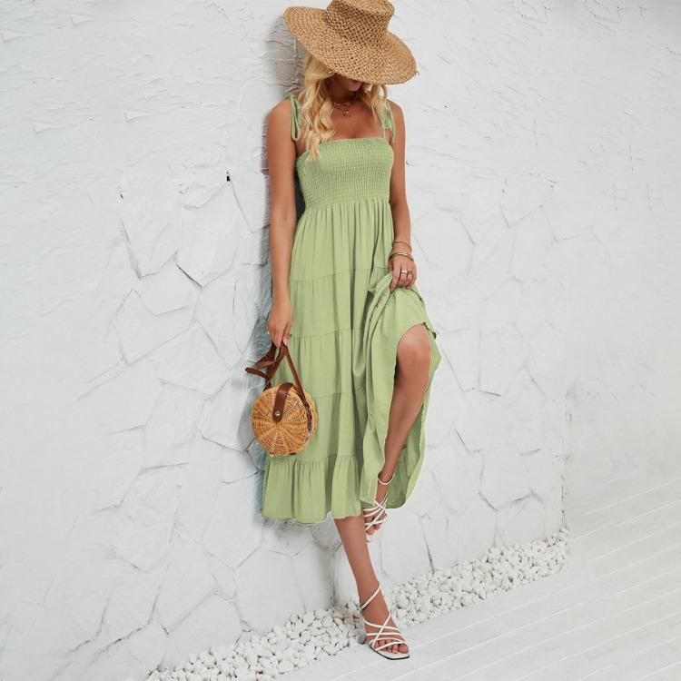 Halter Women Solid Color Summer Sleeveless Dress Knee Length Elegant Casual Pleated Square Neck