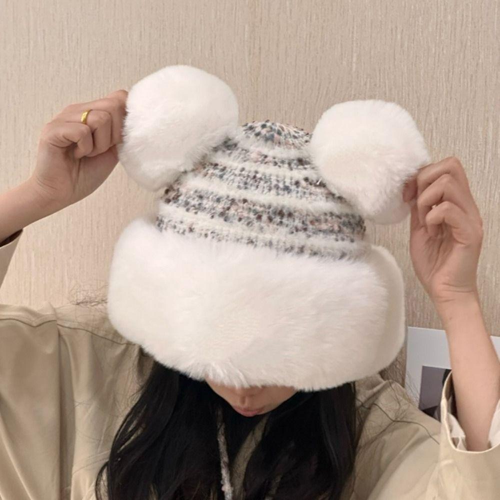 Thickened Plush Pompom Balls Cap Cute Ears Winter Warm Hat New Ear Protection Cap Autumn Winter