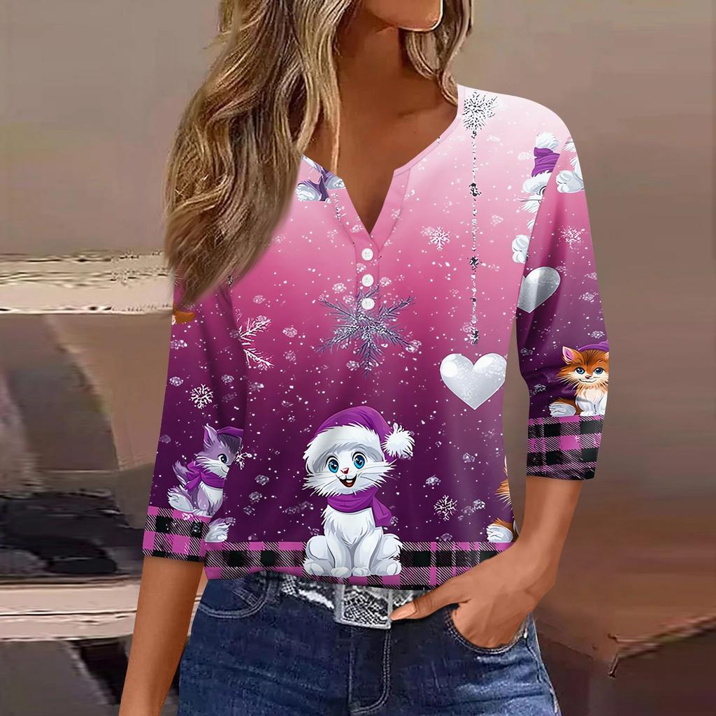 Women's T Shirt Tee Christmas Printed Button 3/4 Sleeve Tunic Daily Weekend Fashion Basic V- Neck Regular Top