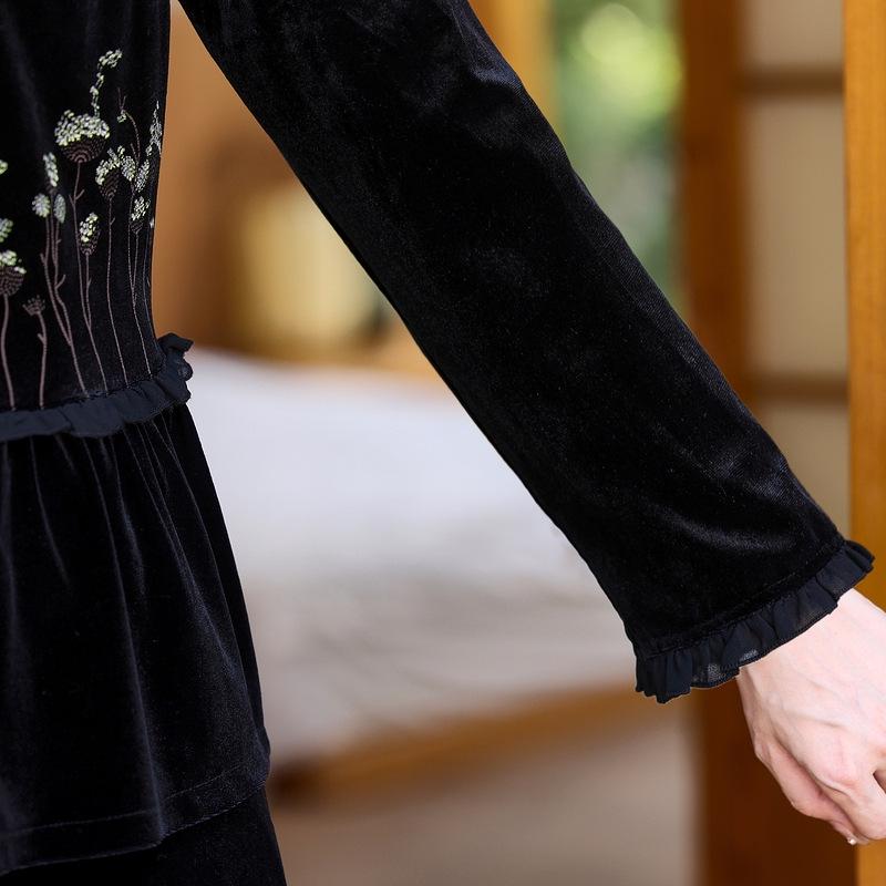 Set elegant din catifea aurie din două piese pentru primăvară și toamnă pentru femei, stil chinezesc nou pentru vârsta mijlocie și vârstnici