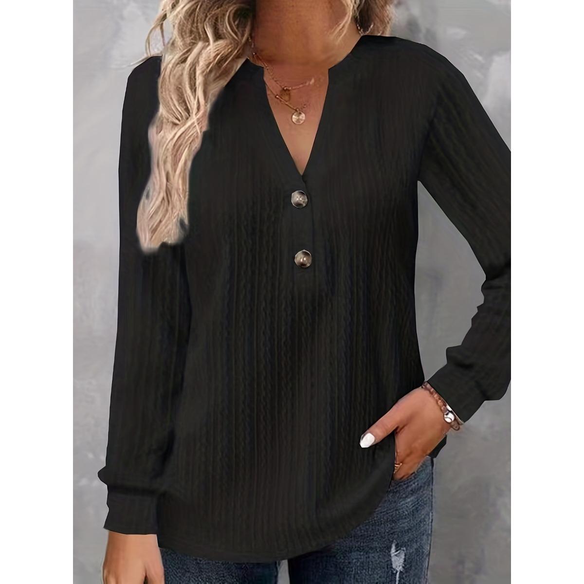 

Женская футболка с длинным рукавом однотонная с V-образным вырезом на пуговицах на осень и зиму 5XL чёрный