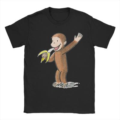 Vintage Curious George Eating a Banana Tshirts Men Cotton Short Sleeve  O-neck Summer Tops Shirts