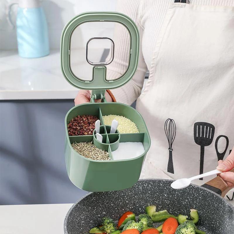 Boîte à assaisonnements 4-en-1 avec cuillère Pot à épices Multi-compartiments Sel Poivre Pot à assaisonnements pour Accessoire de Cuisine Récipient à condiments