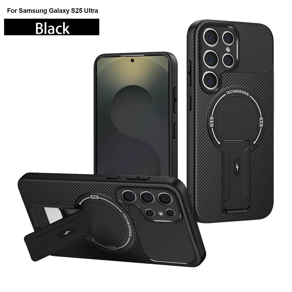 

Carbon Fiber Pattern Armor Fold Holder Case for Samsung Galaxy S25 Edge S24 Ultra FE A16 A15 A06 A05 Magnetic Protection Cover Galaxy A26 5G чорний