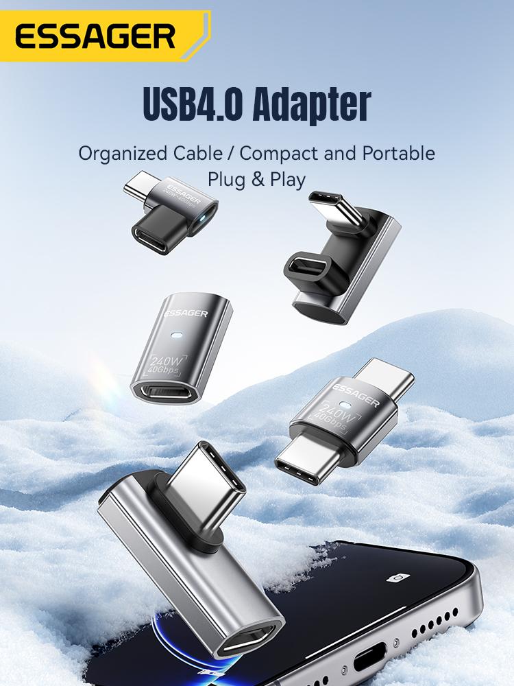 Essager USB4.0 40Gbps OTG Adapter 240W Fast Charging Converter 90 Degree USB Type C Data Adapter For Phone Macbook Laptop 8K60Hz