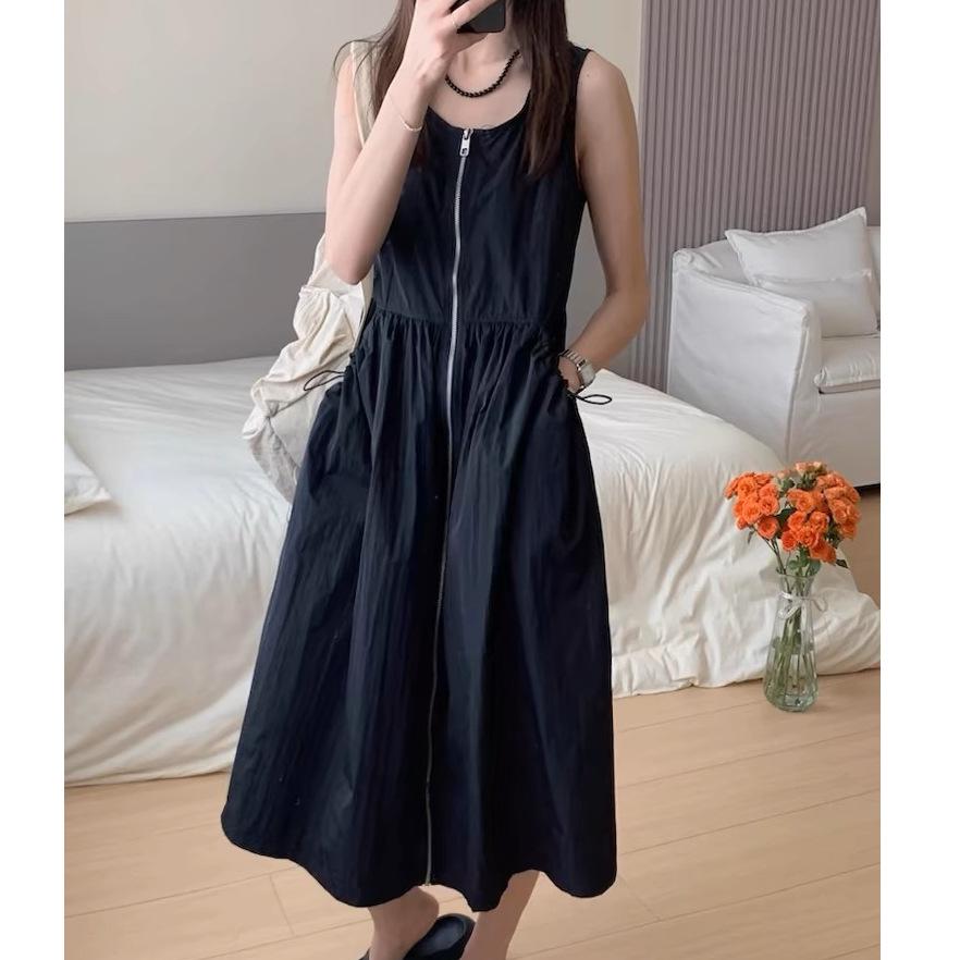 

Korean chic summer retro niche drawstring waist slim big pocket zipper tooling vest dress women One size fits all абрикосовий