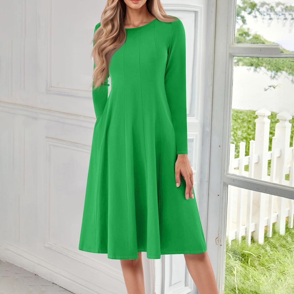 Damen Freizeitmode Rundhals Langarm Farbe Midi Kleid