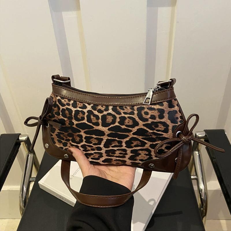 Women's Splicing Leopard Pattern Retro Bow Crossbody Bag New Trendy Fashion PU Leather Single Shoulder Underarm Small Square Bag