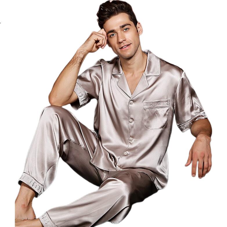 American Standard 19mm Heavyweight 6A Grade Mulberry Silk Men's Short Sleeve Long Pants Pajamas Gray M