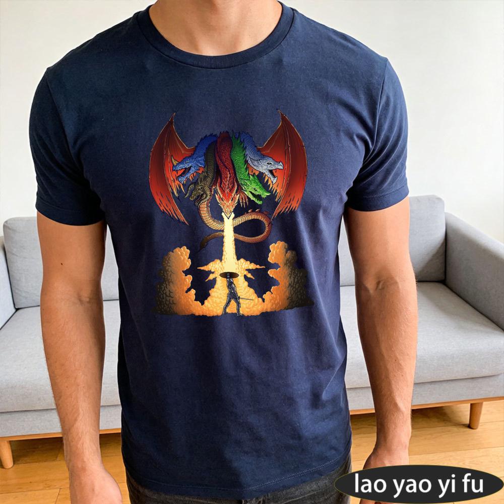 DD Tiamat Fire Breath Battle Scene Art Print TShirt Unisexs Epic Fantasy Gaming Short Sleeve DUNGEONS DRAGONS Series tee Tops