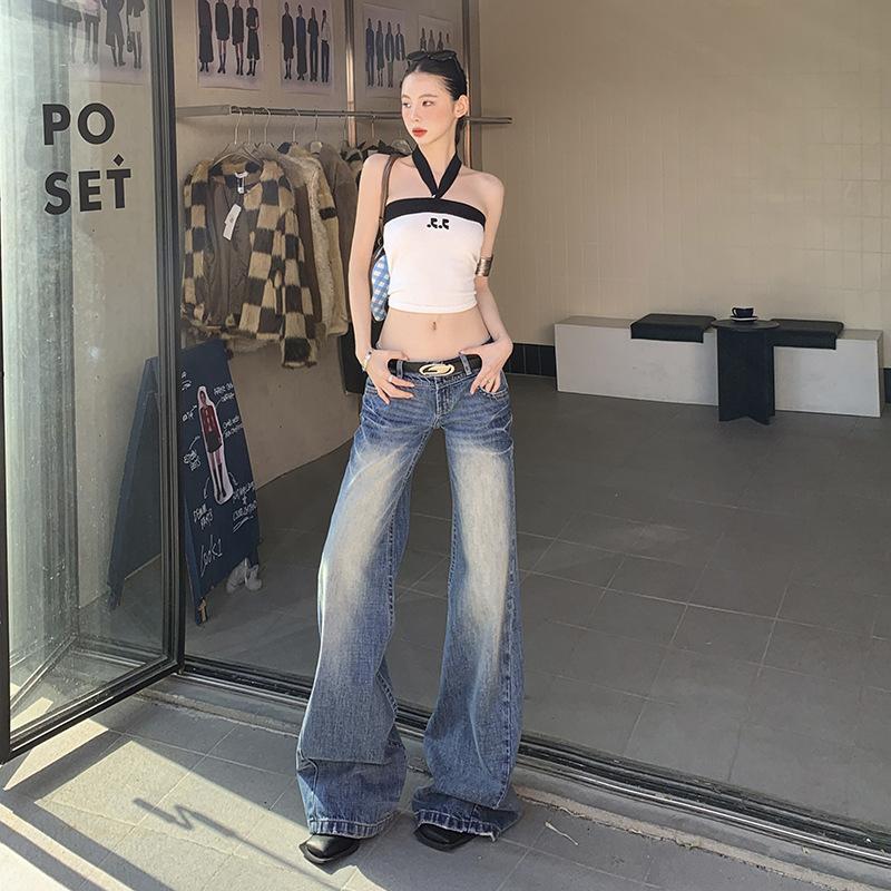 Retro blue micro-pull jeans women's spring and autumn new low-rise loose wide-legged thin flared pants