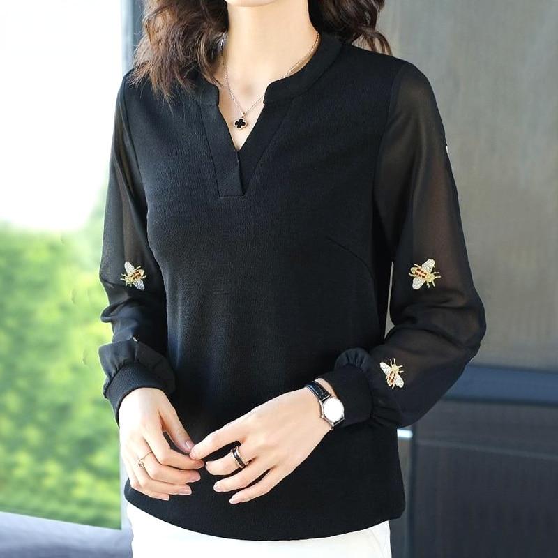 Korean Elegant Fashion V-neck Long Sleeve Gauze Loose T-shirts Black Patchwork Solid Color Casual Spring Autumn Women's Clothing