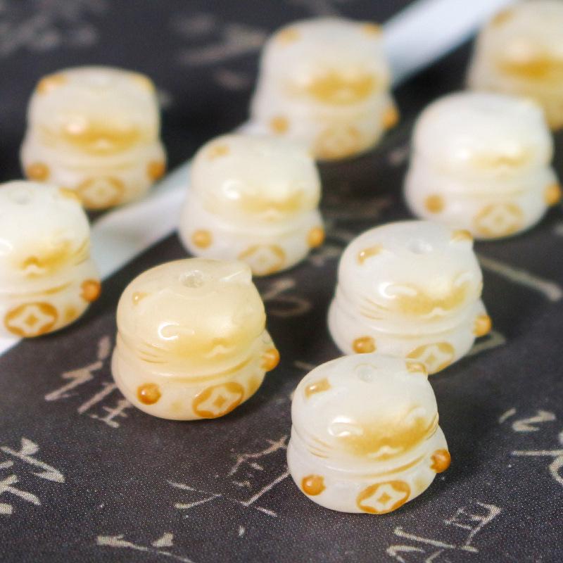 Bodhi Root Carved Fortune Cat Charcoal Beads Buddhist Bracelet Jewelry