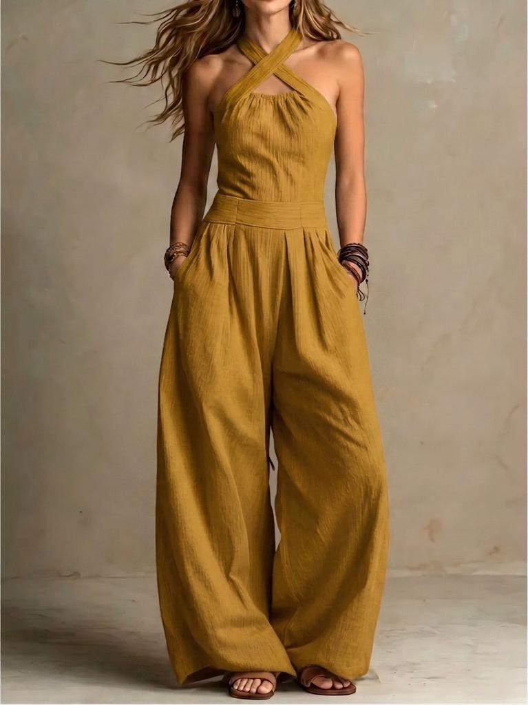 2026 summer new neck cross jumpsuit, European and American style waist back wide-leg pants, cross-border women's clothing