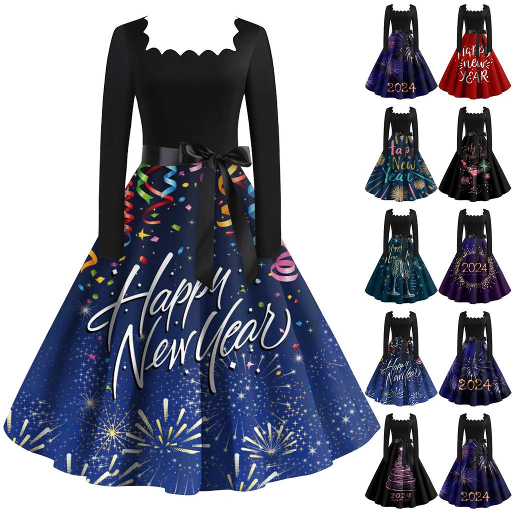 Dámské klasické klasické šaty s dlouhým rukávem 2024 s novoročním potiskem, houpací šaty se čtvercovým výstřihem