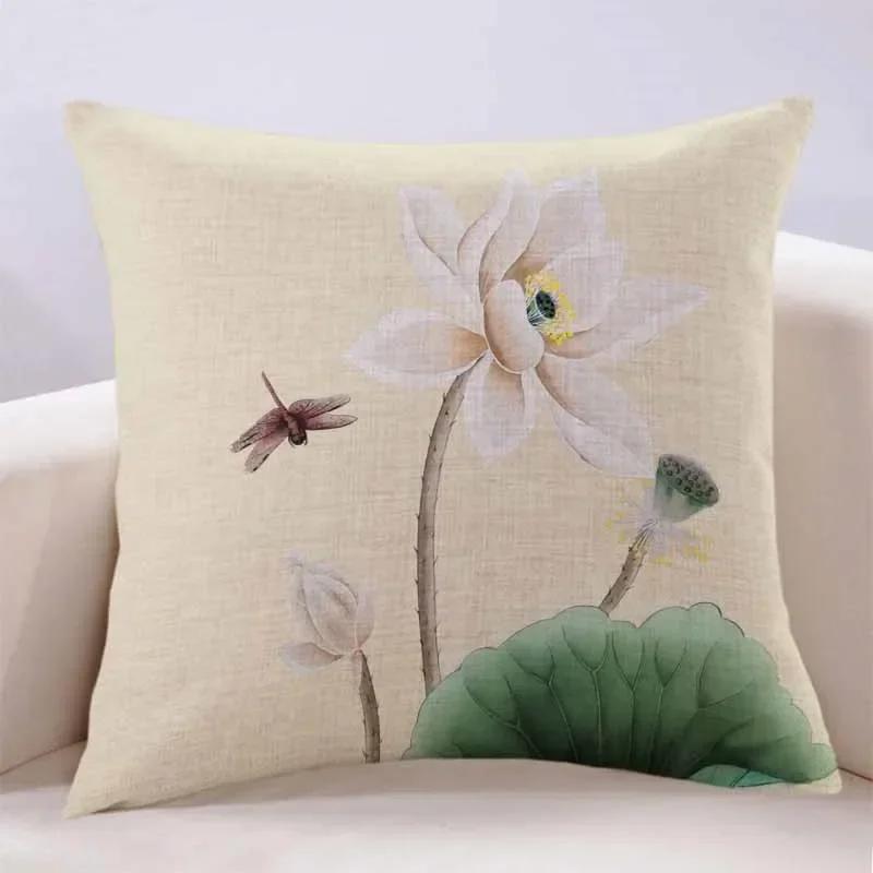 New Lotus Cushion Cover Printed Linen Pillow Cover Chinese Style Home Pillow Cushion Cover Sofa Living Room Beige
