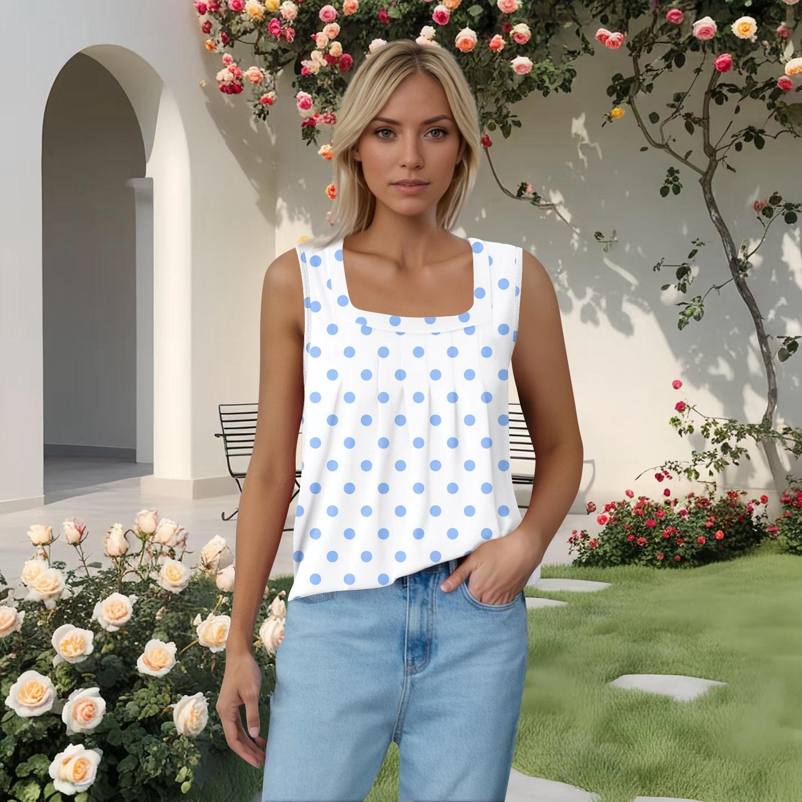 

Женская плиссированная футболка без рукавов с квадратным воротником и принтом L