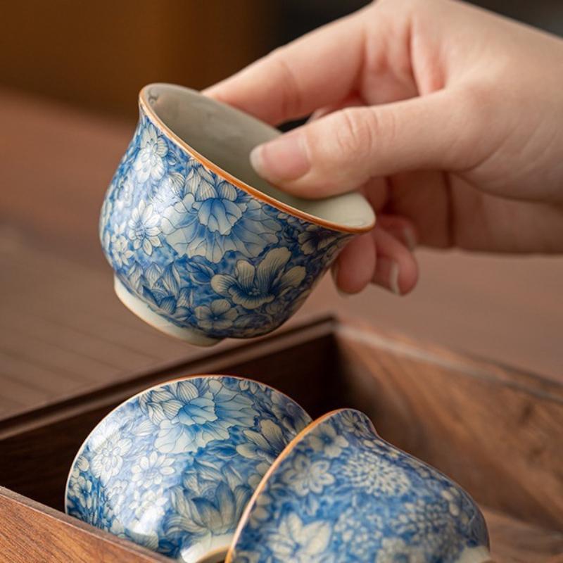 Blue White Floral Ceramic Tea Cup Ru Kiln Style Personal Master Cup for Gongfu Tea Home Use Handmade Chinese Porcelain Gift