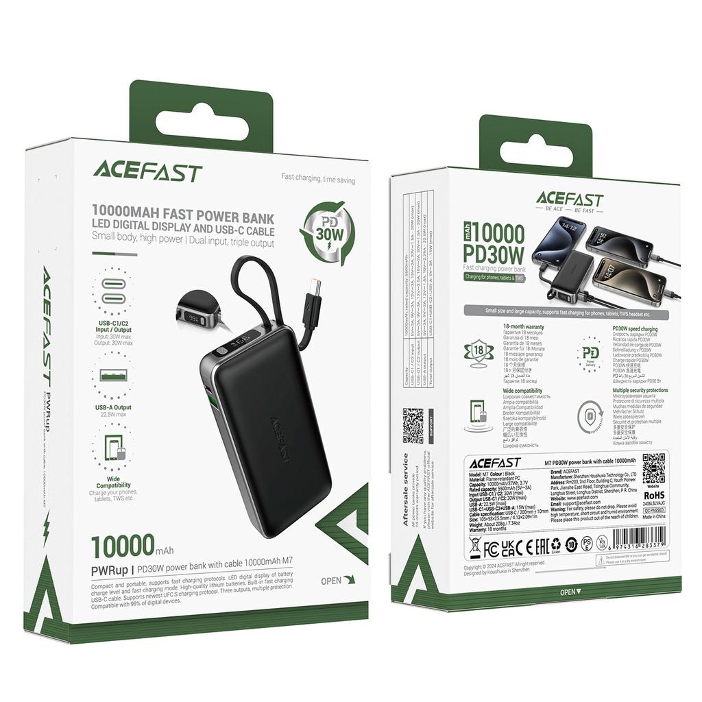 Powerbank Acefast M7-10000 Pd30W Z Wbudowanym Kablem - Czarny