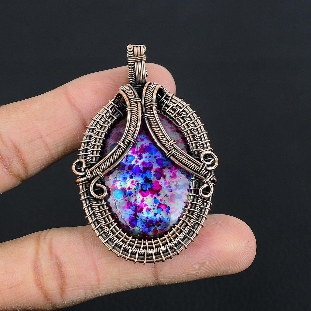 Multi Fire Labradorite Pendant Gemstone Jewelry, 999 Copper Wire Wrapped Pendant, Gift For Women Handmade Pendant