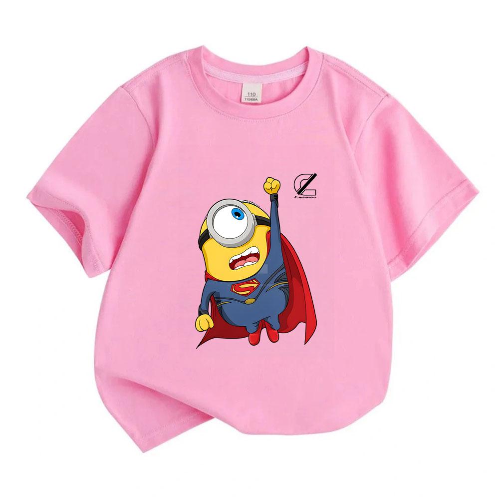Kids Boys Girls 100% Cotton Crew Neck Short Sleeve T-Shirt, Funny Cute Flying Super Hero Minion Print Casual Comfortable Tee for Children Daily Outdoo
