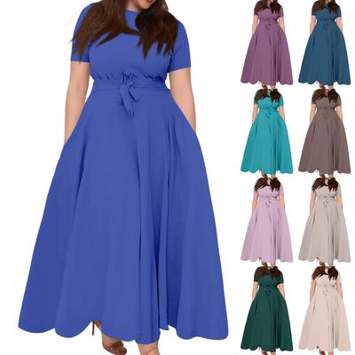 Vestido Casual de Moda para Mujer Talla Grande Color Cuello Redondo Manga Corta Bolsillo Tirantes Oscilante