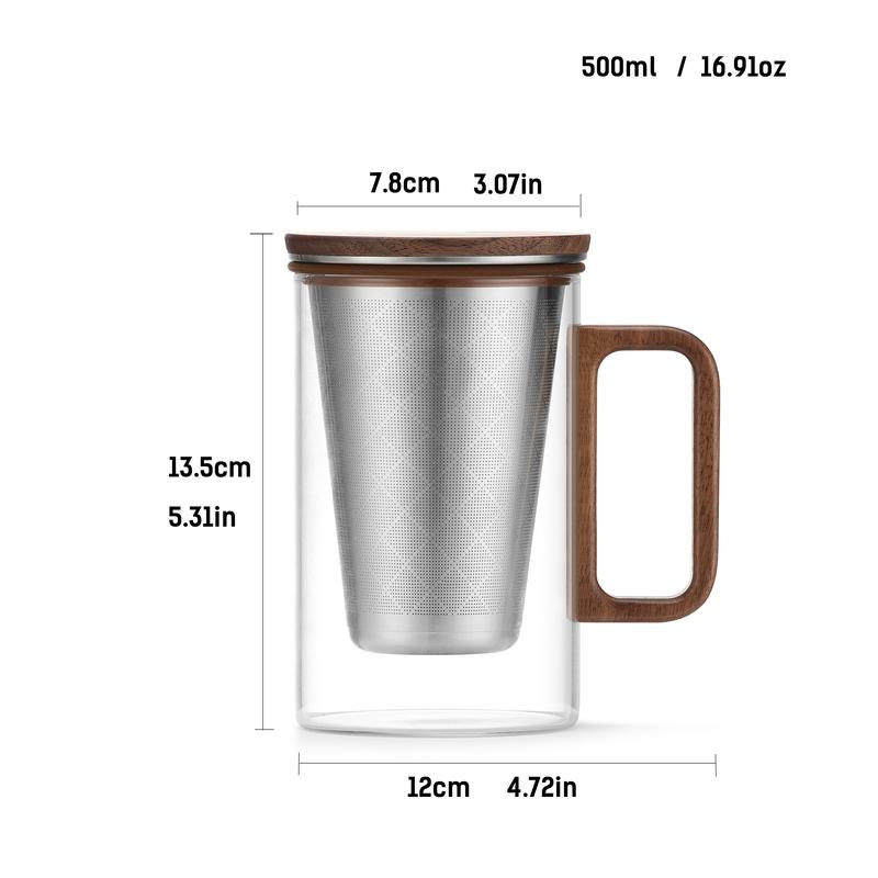 Glass Teacup with Wood Lid and handle,500mL Heat-resistant Flower Teacup