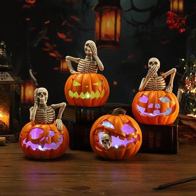 Creative Halloween Skull & Pumpkin Lantern Resin Decoration for Spooky Parties