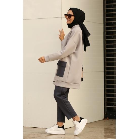 Costume islamice pentru femei, cu buzunar supradimensionat, cu talie elastică, hijab, costum casual și confort