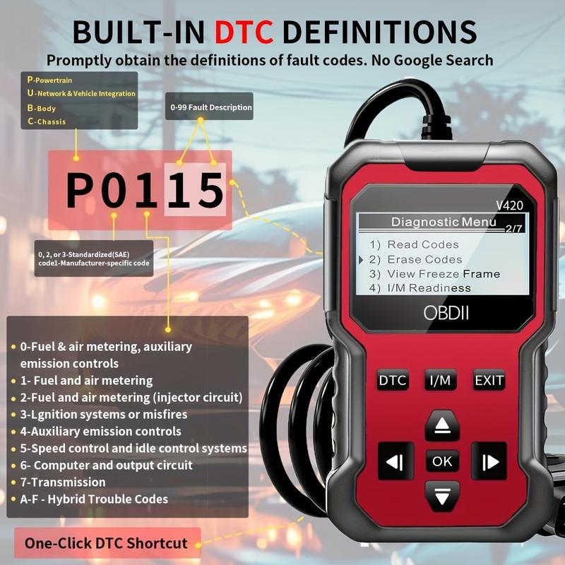 V420 Obd2 Diagnostische Scanner, Uitgebreide Obd2 Foutcodelezer met Resetfunctie, Datastroom, I/M Readiness, Voertuiginformatie en Spanningsmeting,