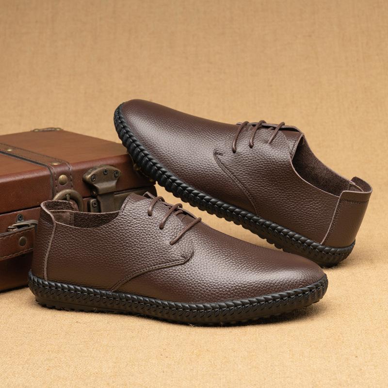 Men's Casual Rubber Soled Leather Shoes Top Layer Cowhide Lace Up Leather Shoes Flanged Soft Leather Round Toe Single Shoes