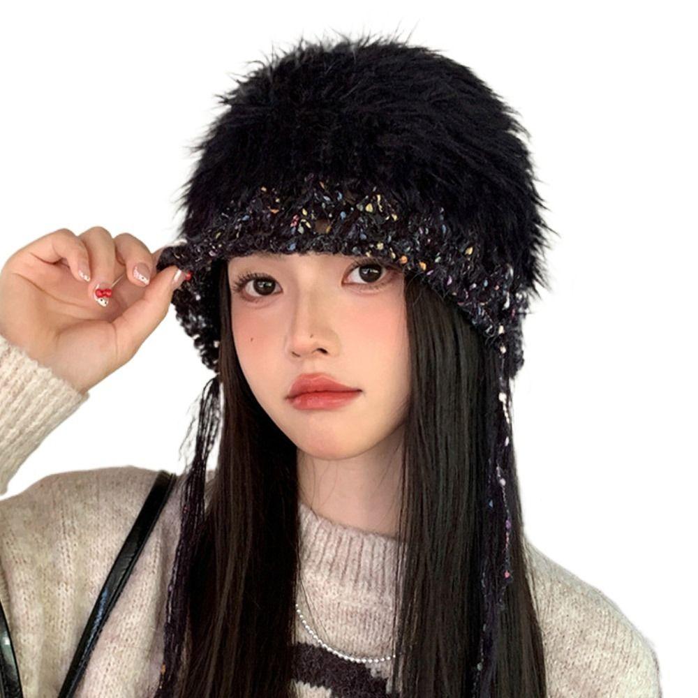 Mixed-color Straps Handmade Knitted Cap Ear Protection Winter Warm Cap  Women Girls Maiden