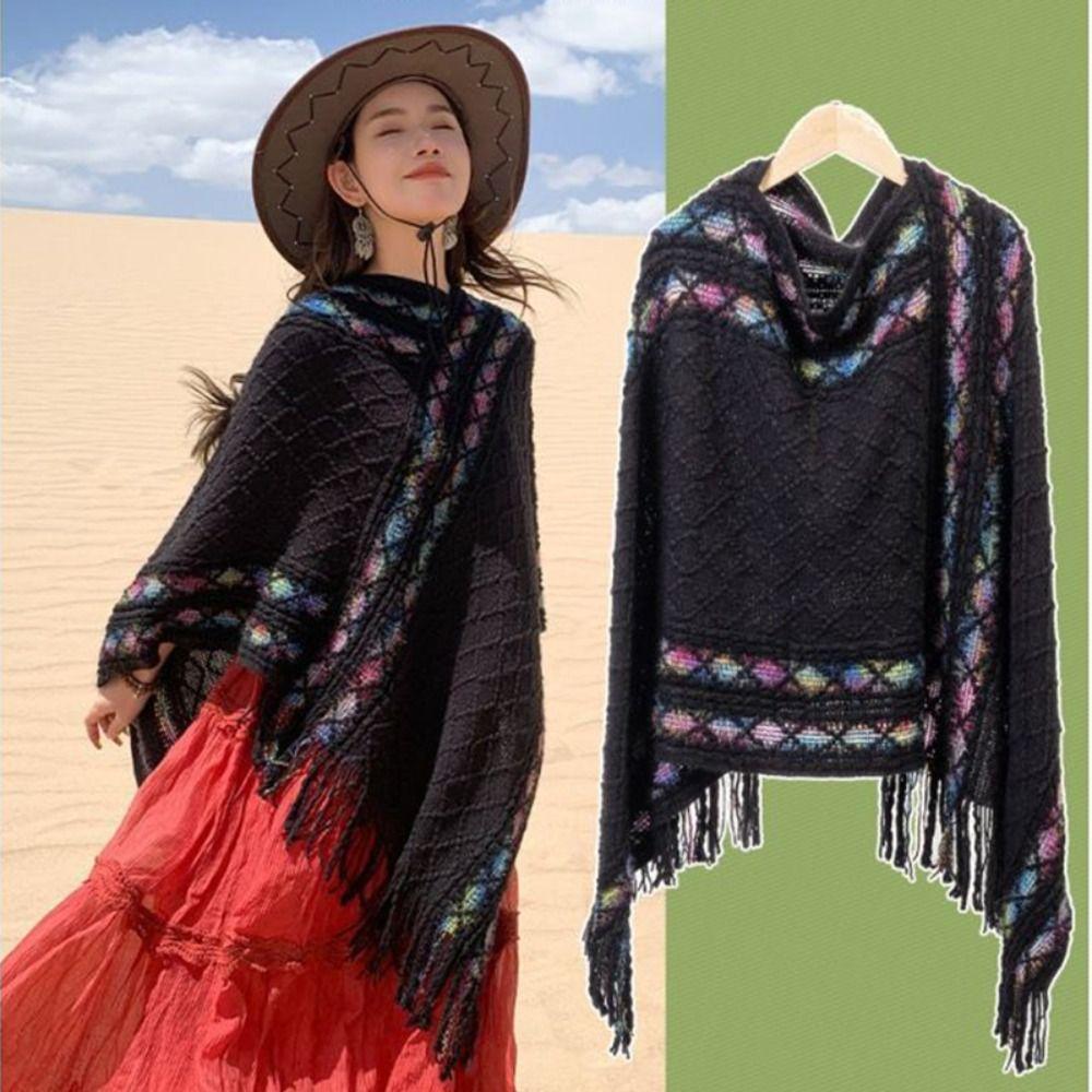 Rhombic Knitted Cape Printing Tassel Scarves Simple Imitation Cashmere Shawl  Student