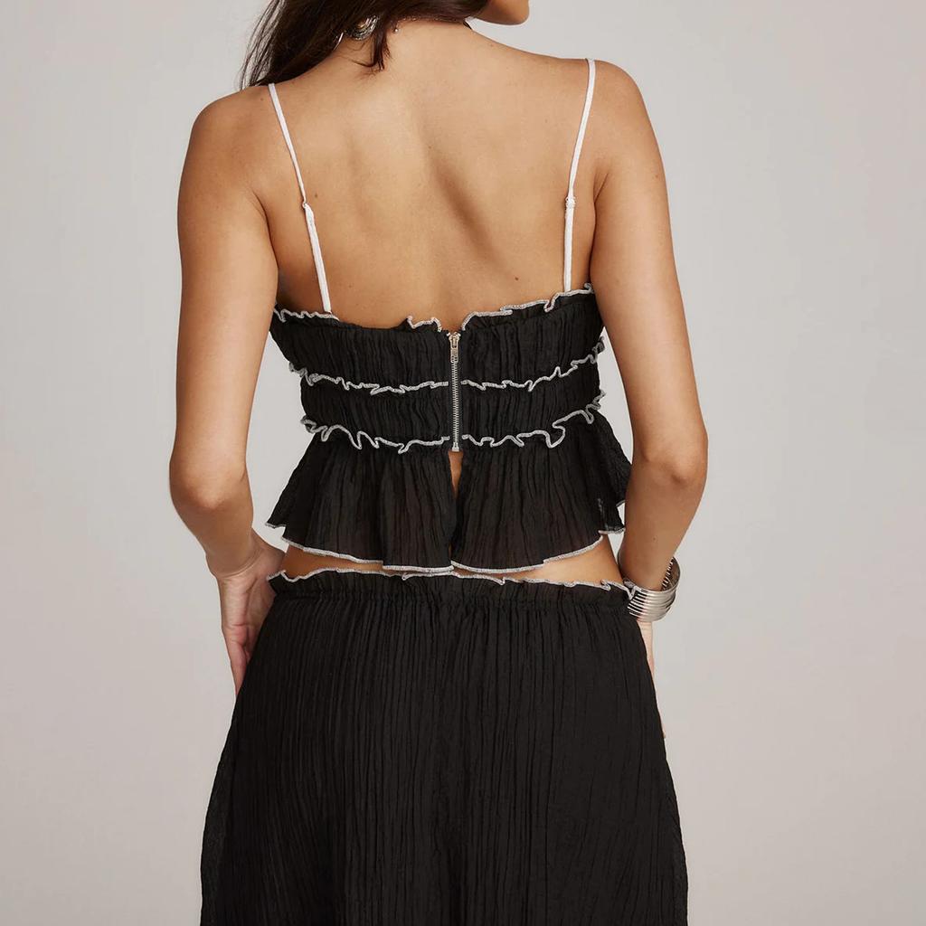 Women's 2 Piece Skirt Outfits Sleeveless Ruffle Trim Camisole Long Tie Up Skirt Set